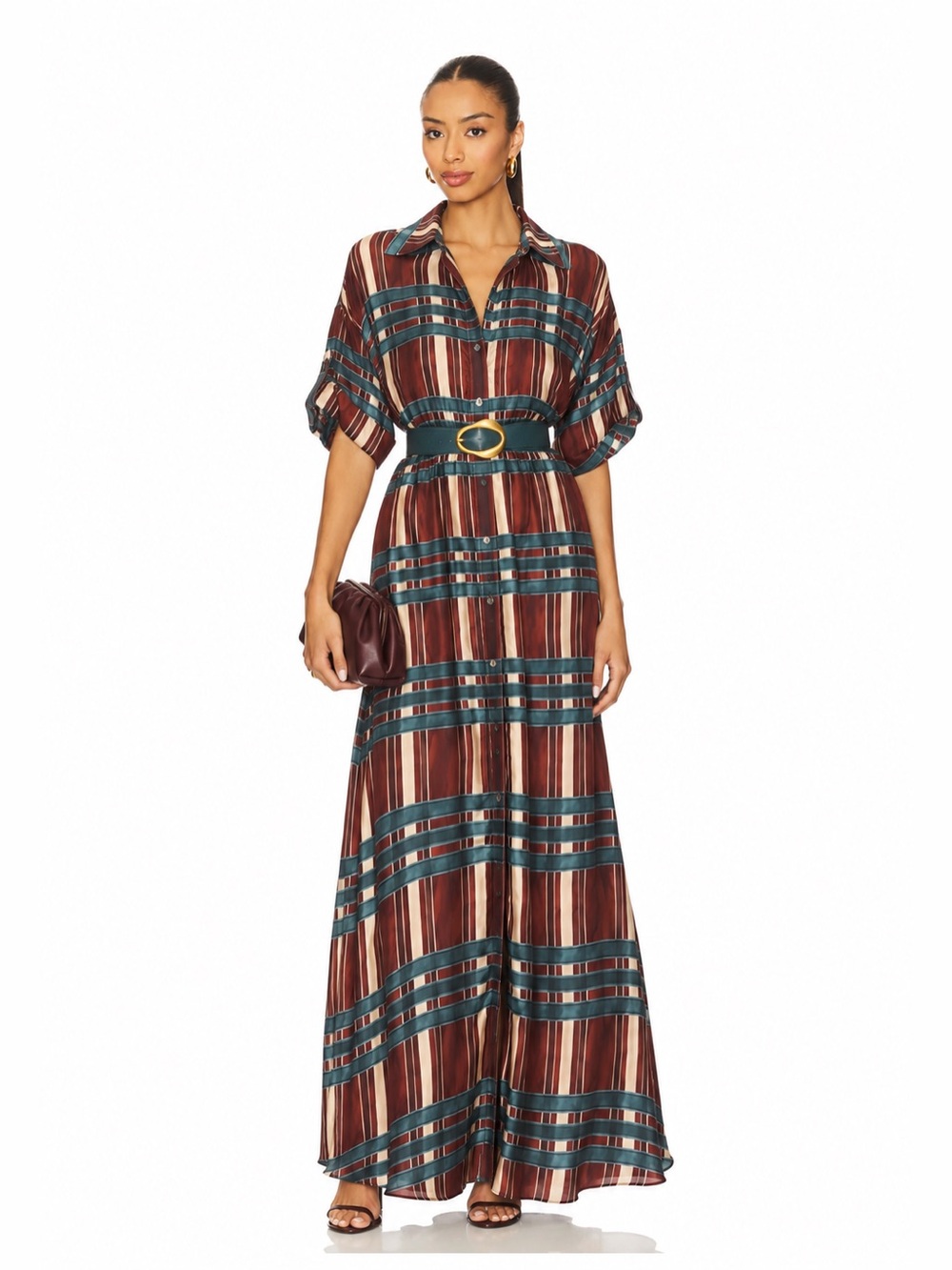 Lola Silk Burgundy & Teal Geometric Maxi Shirt Dress — Made in Italy